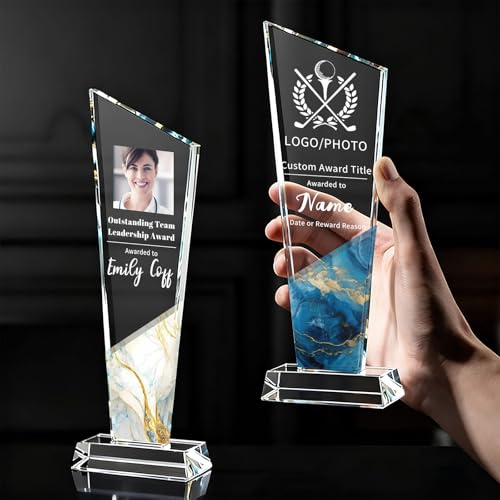 RSQGT Personalised K9 Crystal Trophy, Custom Crystal Award with Photo Logo Text, Glass Plaque for Corporate Employee Recognition, Retirement Gifts, Sports Awards & Golf Trophies