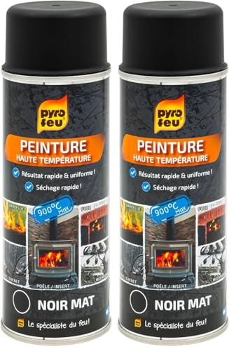 Pyro Feu - Peinture Haute Température Noire Mat - Résiste Jusqu’à 900°C - Rénovation Poêle, Insert, Plaques, Chenets, Barbecues, Fours, Pièces Mécaniques - 400ml (Lot de 2)