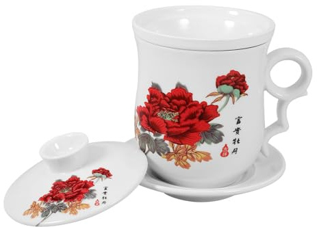 jojofuny Tasse à Thé en Céramique Blanche 320ml avec Passoire et Soucoupe, Surface Lisse, Fond Plat, Maison Café