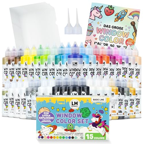 LM-Kreativ Window Color XXL 40er Set Farbmix mit Konturen, 1 Bonus Sets, 10 Spezialfolien, Vorlagenheft mit über 500 Motiven und Zubehör für Fenstermalfarben auf Glas und Spiegel