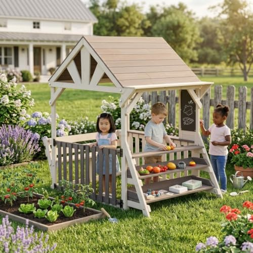 YINIX Kinderspielhaus Holz Garten, Outdoor Kinderhaus mit wetterfestem Dach | Robustes Holz, wetterfestes Dach und offenes Design für kreativen Spielspaß im Garten. Für Kinder ab 3 Jahren.