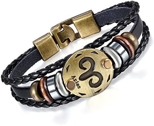 Flongo Lederarmband Horoskop Armband Damen Armkette Herren Armreif, Leder-Armband Armreif Manschette Manschettenknopf Schwarz Gold Golden Horoskop Tierkreis Sternzeichen Sternbild Widder
