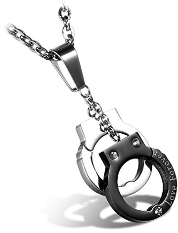 cupimatch mnes Halskette Edelstahl Cool Silber Schwarz Handschellen Anhänger mit 55 cm Kette mit Gravur Love forever