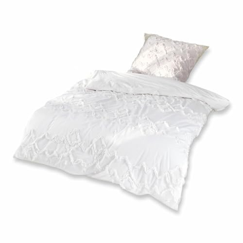 Loberon Bettwäsche Élaine, mit aufwendigen Verzierungen, aufgesetzte Rüschenborte im eleganten Trellis-Muster, Schlafzimmertextilien, Baumwolle, weiß