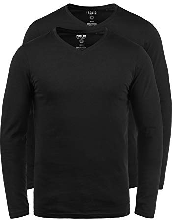 !Solid SDBasil Herren Longsleeve Langarmshirt Shirt Basic im 2er Pack oder 3 er Pack mit V- Ausschnitt im 2er Pack Baumwollmischung Slim fit, Größe:L, Farbe:Black (9000)