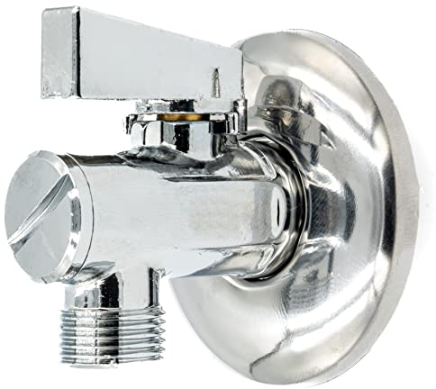 Winkel-Kugelhahn mit Filter und verchromter Rosette – Für Waschmaschinen, Geschirrspüler, Spülkästen – Messinggehäuse, PTFE-Dichtung, 1/2 x 1/2– Hochwertige Ausführung