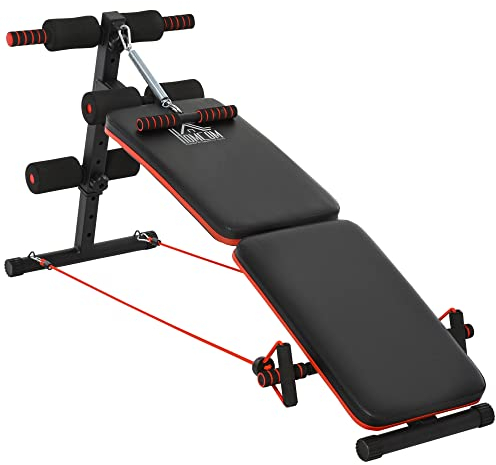 HOMCOM Panca per Addominali Pieghevole e Regolabile per Allenarsi a Casa, Panca Palestra Multifunzione con Votagore a molla e 2 Corde Elastiche, in Acciaio e Imbottitura Nera e Rossa 51x137x50-66cm