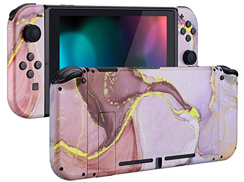 eXtremeRate Hülle Case für Nintendo Switch Joycon/Konsole, Joy Con Abdeckung & Tasten & Console Rückgehäuse & Kickstand, DIY-Ersatz Shell für Nintendo Switch-Gold Pink Marmor Optik