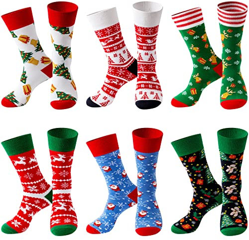 Lounwee Weihnachtssocken Herren Crew Socken Männer & Frauen bunte Kuschelsocken Weihnachten farbigen gemusterten Socken 6 Paar 39-46