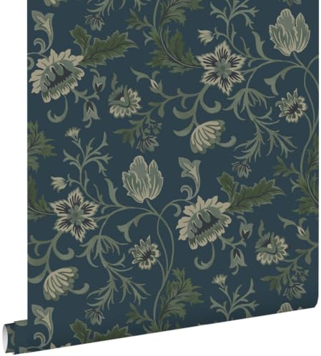 papier peint fleurs vintage bleu foncé et vert 53 cm x 10.05 m - ESTAhome