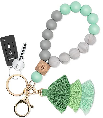 Bisanzoya Porte-clés en perles avec pompon, bracelet porte-clés en silicone, joli bracelet bohème pour femme, vert, non