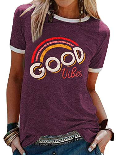 WIEIYM Damen Tshirt mit Good Vibes Aufdruck Rundhals Kurzarm Sommer T-Shirts Casual Sport Frauen Top(Burgundy, M)
