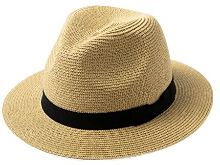 Comhats Panamahut Herren breite Krempe Strohhut Damen Urlaub am Strand Sonnenhut UPF 50 + Sommerhut 00715,Beige-M