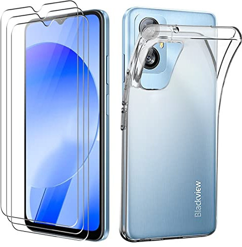 Cover per Blackview A52 PRO/Blackview A52 con 3 Pezzi Pellicola Protettiva in Vetro Temperato, Sottile Morbida Silicone TPU Anti-ingiallimento Custodia [Antigraffio][Anti-impronte] - Trasparente