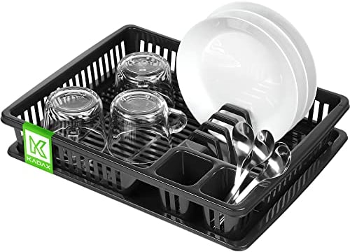 KADAX Escurreplatos de plástico, escurreplatos con cesta para cubiertos, cesta para platos, 38 x 30 x 7 cm, bandeja de goteo, soporte para platos, vasos, cubiertos (antracita, pequeño)