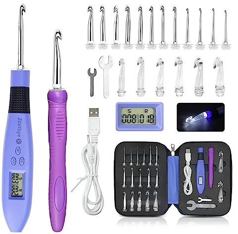 BZVV Zählen Häkelnadel Set Digital, Leuchtende Häkelnadeln für Stich & Reihenzähler, Häkelset mit 18 verschiedenen Größen Austauschbare Häkelnadel, Ergonomische Häkelnadeln mit 2 Stufen LED