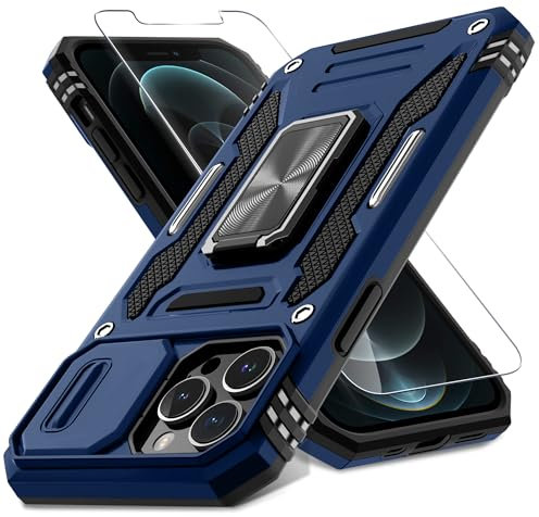 DEERLAMN Case for iPhone 13 Pro Max with Slide Camera Cover+Screen Protector(1 Pack),Rotated Ring Kickstand Military Grade Shockproof Protective Cover 6.7 Inch-Navy Blue