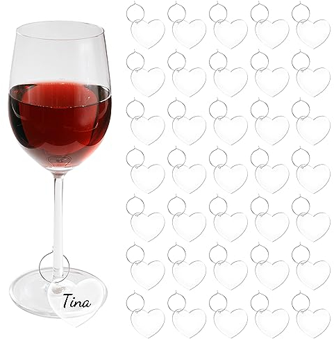 URROMA Lot de 36 breloques transparentes en forme de cœur pour verre à vin, porte-clés en acrylique pour mariage, Acrylique