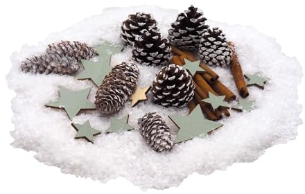 Streudeko Weihnachten Zapfen Natur Sterne Salbei Grün Kunstschnee Zimtstangen Tischdeko 200g