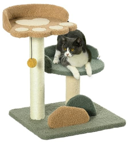 PawHut Albero Tiragraffi per Gatti con 2 Piattaforme Lettini, Pallina Appesa e Rivestimento in Velluto, 43x39x52cm, Multicolore