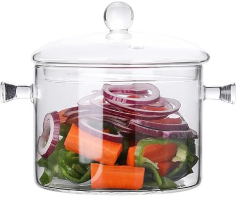 1,5LGlas Kochtopf Glastopf zum Kochen Glaspfanne mit Deckel und Doppelgriff | Transparenter Glas-Kochgeschirr Hitzebeständiger Hohe Borosilikatglas Schüssel Glas Suppentopf deal für Nudeln und Suppen