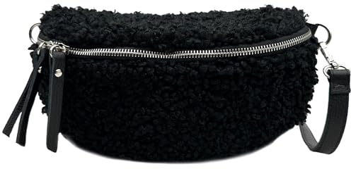 Teddyfell Bauchtasche Damen Plüsch Tasche Teddyplüsch Gürteltasche Crossbody Bag Winter Umhängetasche Hüfttasche (Schwarz)