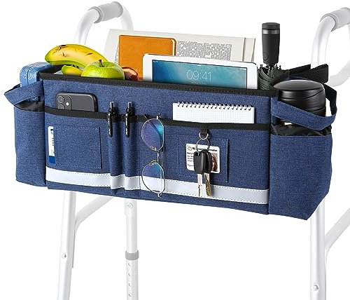 HOOMTREE Walker Basket Walker Bag with Cup Holder,Walking Frame Bag for Walkers for Seniors with Pockets,Walker Pouch Walker Accessories for Folding Walker,Rollator Walkers (Blue)