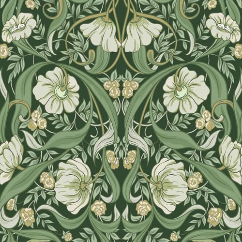 Simon&Siff Vintage Floral Wallpaper Peel and Stick Wallpaper Removable Orange/Green Wallpaper for Walls Murals Bedroom Bathroom Home Kitchen Decor by William Morris (Green,17.3x393)