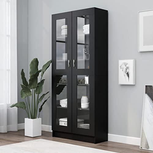 Gecheer Book Cabinet Vitrine Cabinet Glass Display Cabinet Living Room Office Display Storage Unit Black 82.5x30.5x185.5 cm Engineered Wood