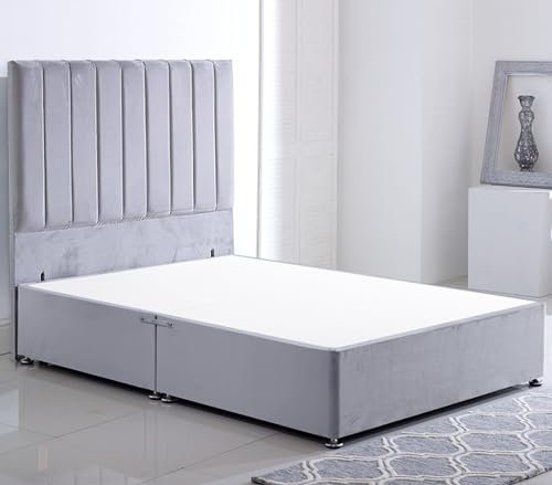 ComfoRest - Plush 3FT Stripe Single Divan Bed NO Mattress, NO Drawers | Sleek Velvet Frame with Grand 54 Headboard | Modern Bed Base for Stylish Bedrooms (Silver Plush)
