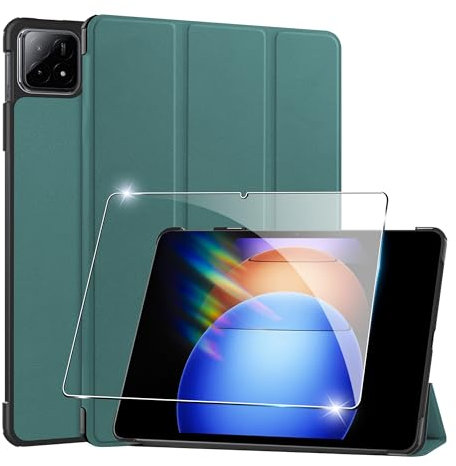 Heioloo Coque pour Xiaomi Pad 6s Pro Étui 12.4 Pouces 2024 Tablette Protection Cover PU Cuir de Flip Case + [1 Pièce] écran Verre Trempé [Veille/Réveil Automatique] [Support Fonction] Verte