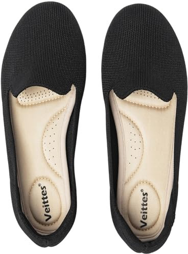 Veittes Women's Wide Width Flats Shoes - Classic Knitted Soft Casual Breathable Slip-on Ballet Shoes.(2205003-3,BK/FK,UK7.5 Wide)
