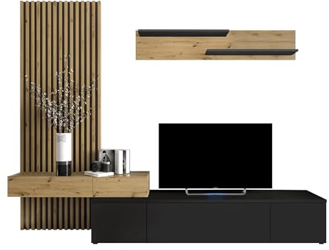 Mirjan24 Wohnwand Rakle Plus, Wohnmöbel, Elegante Wohnzimmer-Set mit dekorative Lamellen, Griffloses Öffnungssystem, Wohnzimmer Kollektion, Stilvolles TV-Lowboard (Schwarz/Artisan Eiche)