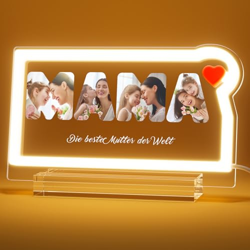 witfox Muttertagsgeschenk für Mama, Personalisierte Mama Lampe mit Foto, Originelles Geschenk zum Muttertag, Neonschild Nachtlampe mit Text als Geschenk zum Geburtstag Weihnachten