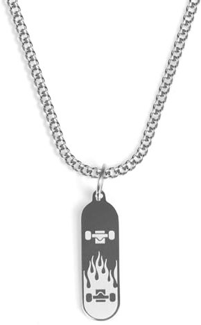 UNSHINEBAR Skateboard Kette mit Anhänger für Herren und Damen - Streetwear Halskette mit Skateboard Anhänger aus Edelstahl und 18K Gold - Wasserfeste Kette - 50-55cm Länge verstellbar (Silber)