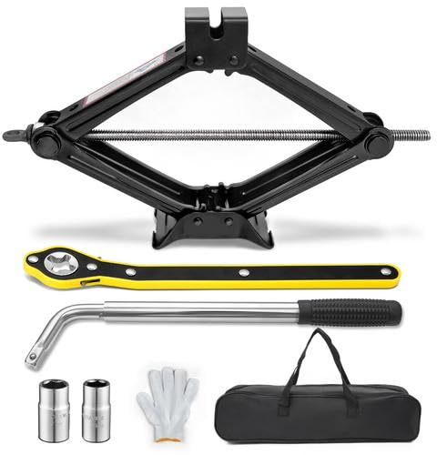 Teodute Cric 2.5T (5519 lbs) à Ciseaux Avec Clé à Cliquet et Clé à Oreilles - Kit de Remplacement de Pneu Pour Voiture, SUV, MPV