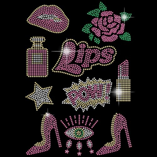 SUPERDANT Lips Iron on Rhinestones Transfer Lipstick High Heels Roses Perfume Decals T-Shirt Crystal Heat Transfer Hot Fix Stickers Crystal Festival Decor for Women Clothing DIY Art Craft