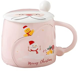 PLUSHCEWT Christmas Coffee Mug with Lid, Ceramic Tea Cup, Lovely Festival Cute Xmas Mugs 410ml (Pink)