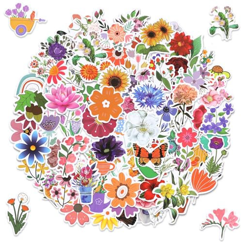 100pcs Flowers Stickers, 100 Patterns Waterproof Floral Stickers Cute Flower Plant Stickers Nature Stickers for Water Bottle Laptop Crafts Scrapbooking Journaling