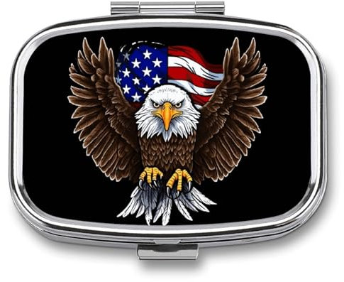 Pillendose mit USA-Flagge, patriotischer Adler, mit Spiegel, 2 Fächer, Metall, tragbar, klein, Pillendose für Geldbörse, Tasche, Reise-Pillen-Organizer für Vitamin, Nahrungsergänzungsmittel
