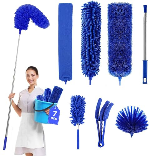 FumyFumy Staubwedel Teleskop 250 cm, 7-teiliges Waschbares Mikrofaser-Reinigungsset, Staubwischer lang ausziehbar, Spinnenwebenentferner für hohe Decken, Jalousien & Ecken