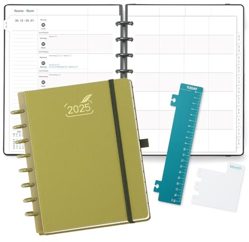 BEZEND Familienplaner 2025 mit 6 Spalten, 18.9 x 24.1 cm, Family-Timer mit 12 Monate: Jan bis Dez 2025, Disc-Bindung & PU-Leder Hardcover, 100gsm, Senf