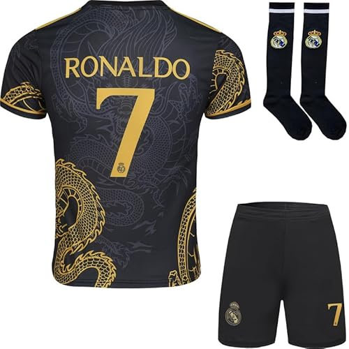 FRKN Trikot R. Madrid Maillot de Football #7 Dragon Noir Or pour Enfants Blanc Foncé, Design Spécial, Coffret Cadeau, Édition Limitée, Livré avec Un Short Et des Chaussettes (Noir, 30)