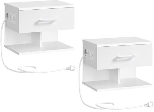 HOOBRO hängender Nachttische 2er Set, mit Ladestation und Klappschublade, Nachtschrank hängend mit offener und versteckter Aufbewahrung, Weiß EWT127CBZP201