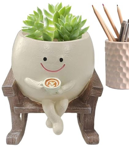 Youngwier Smile Face Planter Pot, Resin Swinging Sit Rocking Chair Flower Pot With Drainage Hole,Funny Smiling Face Planter-s Decorative Flower Pots For Indoor Outdoor Home Decor Gif-t For Office Hom
