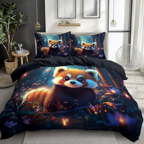 CozyRest Bettwäsche Bettbezug 155 x 220 cm 3 teilig Niedlicher roter Panda Leuchtende Pilze Bettwäsche-Sets Mikrofaser Bettbezug mit Kissenbezug 80x80cm Atmungsaktiv Weich