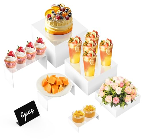 TopDirect 6 Stück Buffet Riser Acryl Ständer für Präsentation, Weiße Displayständer mit 6 Set mini Buffet Schilder Tabletop Display Riser für Cupcakes Collectibles Schmuck Figuren