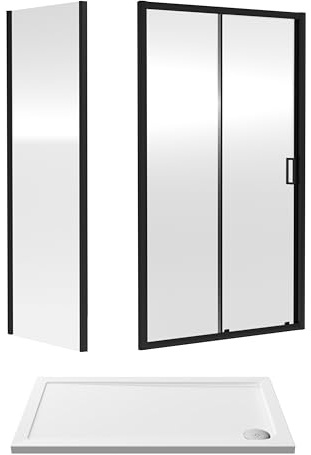6mm Toughened Safety Glass Sliding Shower Door, Side Panel and Shower Tray - 1200 x 700 x 1900mm - Matt Black Frame - White Tray