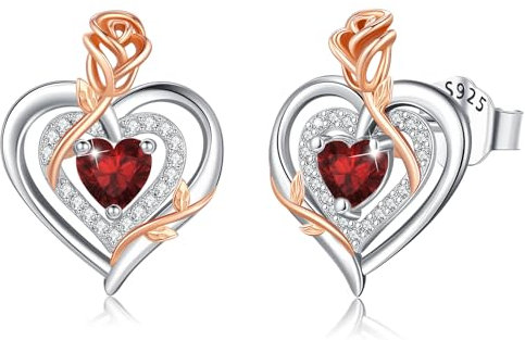 LAVUMO Boucles d'oreilles Femme Argent 925, Hypoallergéniques Coeur de Rose Boucles d'oreilles, Pierre Naissance Bijoux Femme Cadeaux épouse mère Noël Saint-Valentin Anniversaire Fête Mères