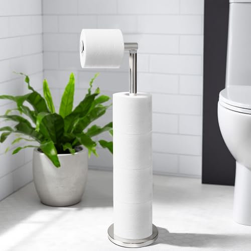 Suvistar Free-Standing Toilet Roll Holder – Space-Saving, Anti-Rust Stainless Steel Dispenser with Folding Design, Holds 5 Rolls for Convenient Bathroom Storage - Chrome